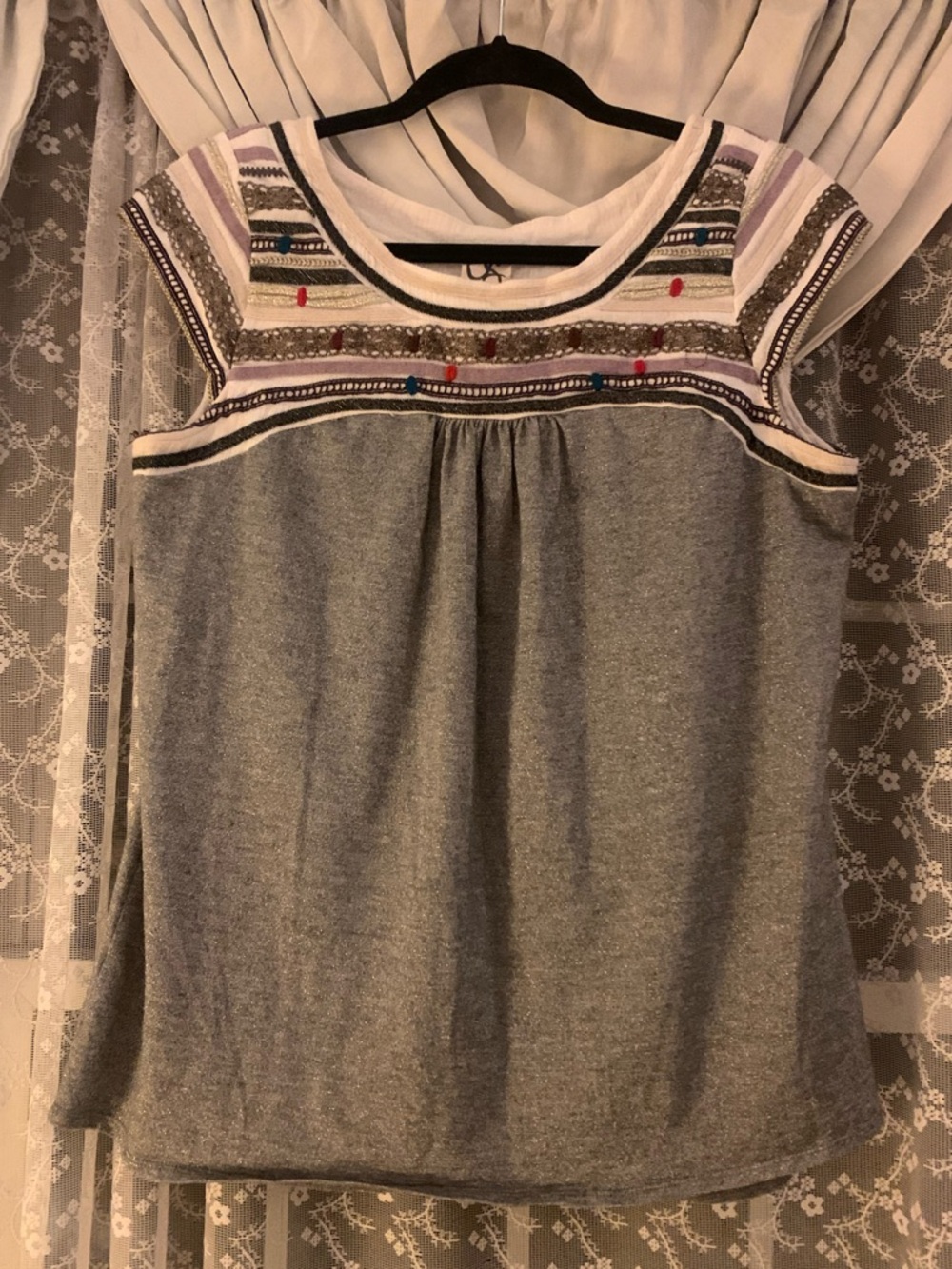 One September Gray Short-Sleeve Embroidered Yoke Tee